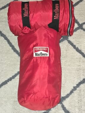 2 Marlboro Red Nylon Sleeping Bags with Black Straps & 1 Carry Bag